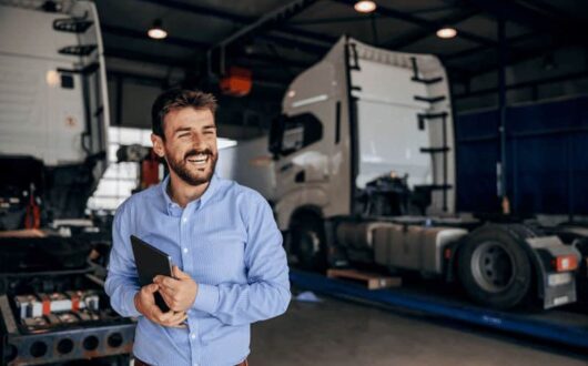 Un homme souriant dans le dépôt d'une entreprise de transport, avec deux camions en arrière-plan