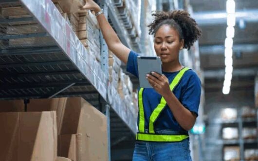 Une empoyée logistique récupère un colis dans un entrepôt à l'aide d'une application mobile