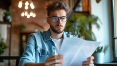 Un homme regarde attentivement sa fiche de paie