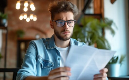 Un homme regarde attentivement sa fiche de paie