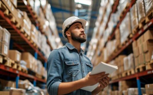 Homme regardant le stock de cartons dans un entrepôt