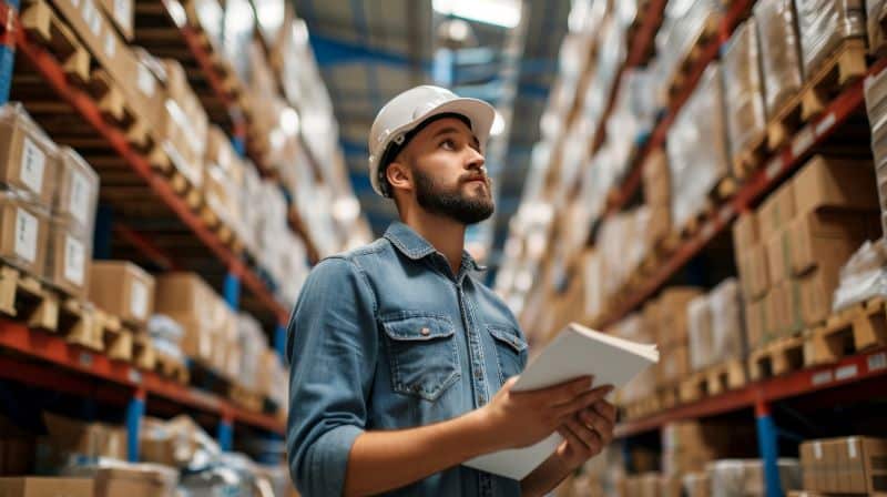 Homme regardant le stock de cartons dans un entrepôt