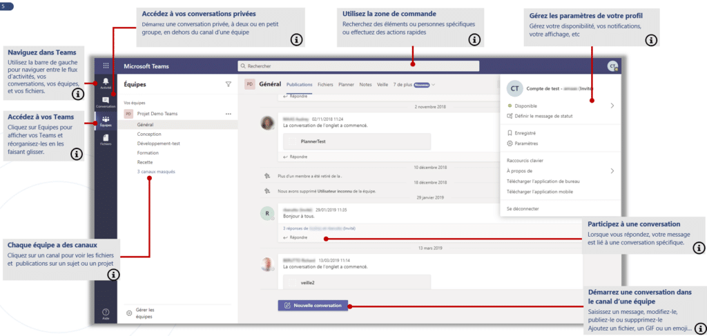 Capture d'écran avec les principales fonctionnalités Teams