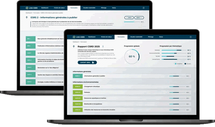 Deux écrans d'ordinateur affichant notre logiciel CSRD