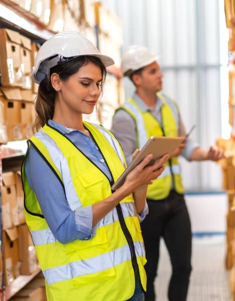 Une femme et un homme gèrent le stockage de marchandise avec leur WMS