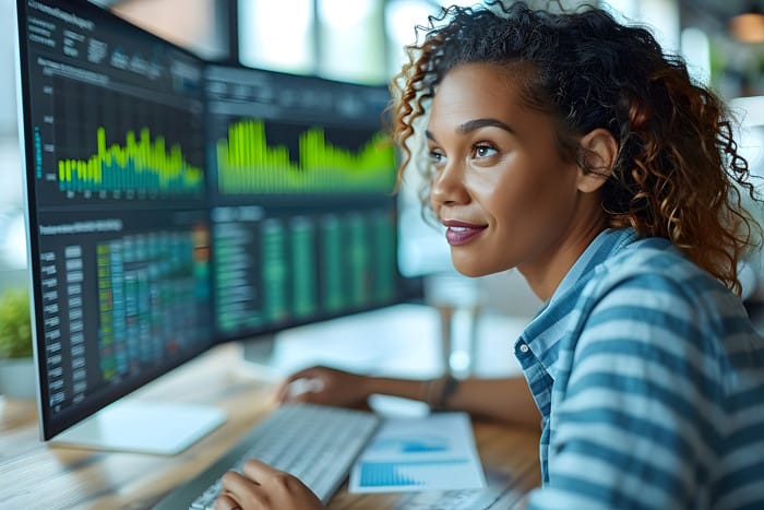 Femme regardant deux écrans d'ordinateur avec des statistiques