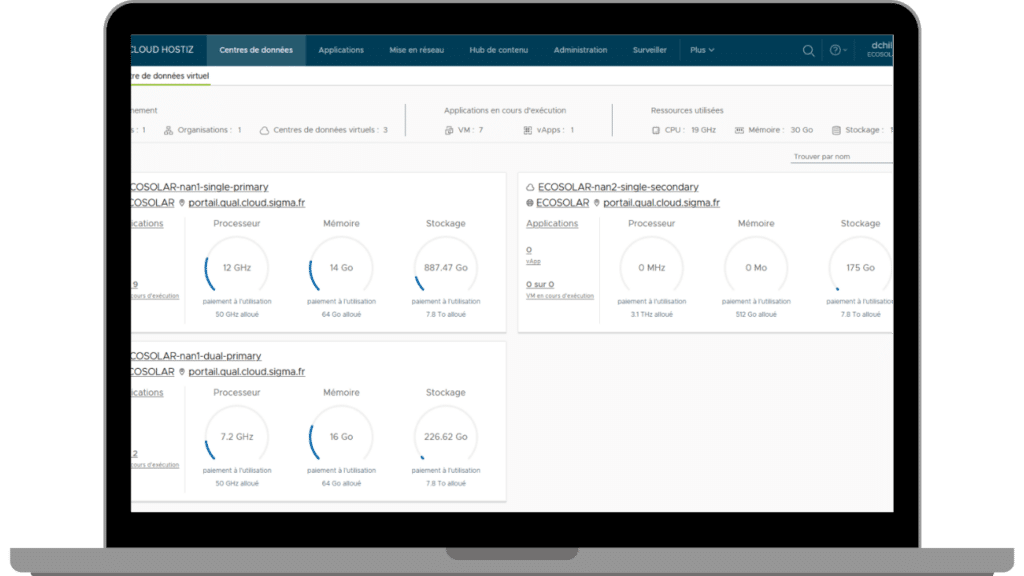 Mock up du portail cloud Sigma HOSTIZ